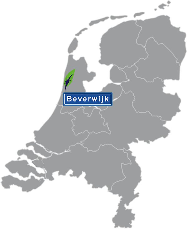 Landkaart Nederland grijs - locatie Dagnall Taleninstituut in Beverwijk - aangegeven met blauw plaatsnaambord met witte letters en Dagnall veer - op transparante achtergrond - 600 * 733 pixels